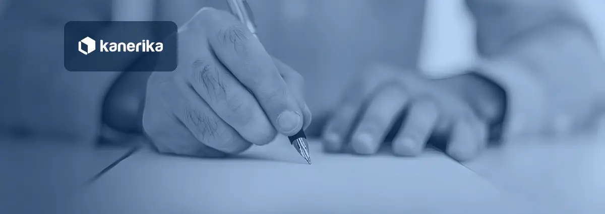 Hands of an insurance claims adjuster signing a claim document with a pen at a desk, banner for generative AI in insurance use cases and strategy