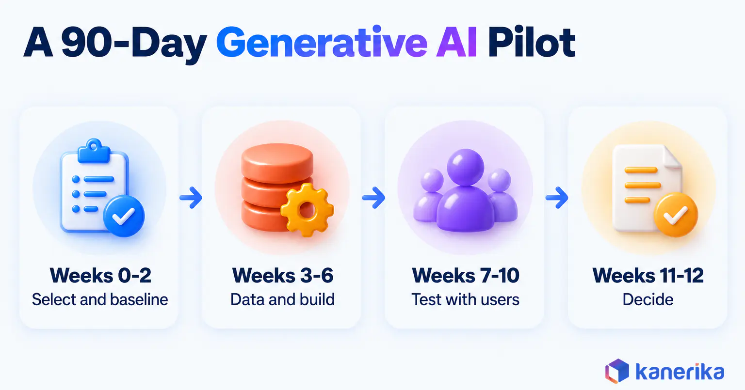 Kanerika infographic of a 90-day generative AI pilot, weeks 0-2 select and baseline, weeks 3-6 data and build, weeks 7-10 test with users, weeks 11-12 decide