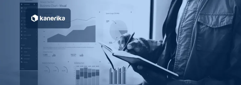 Kanerika blog banner for generative AI statistics 2026, abstract data charts glowing over a business dashboard