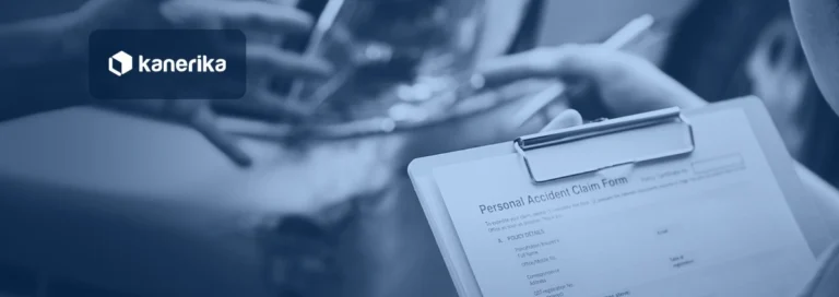 Insurance agent holding an accident claim form beside a damaged car, representing insurance data analytics, shown in a navy blue tint with the Kanerika logo
