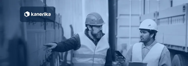 Kanerika blog banner for IoT in logistics and supply chain, showing connected trucks and a warehouse operations team