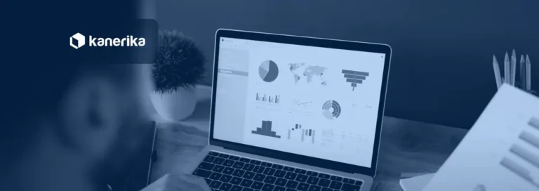 Kanerika banner for DAX calculated columns and tables in Microsoft Fabric, a laptop showing a Power BI style analytics dashboard