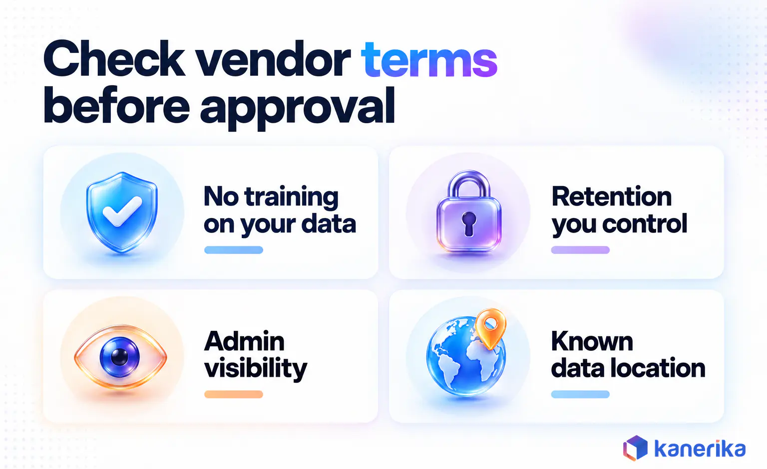 Kanerika infographic 3 for a generative AI policy guide: five vendor term checks before a tool joins the approved list