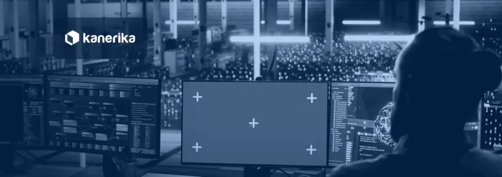 Engineer monitoring a neural network on screens in a data center, illustrating how large language model architecture runs on compute