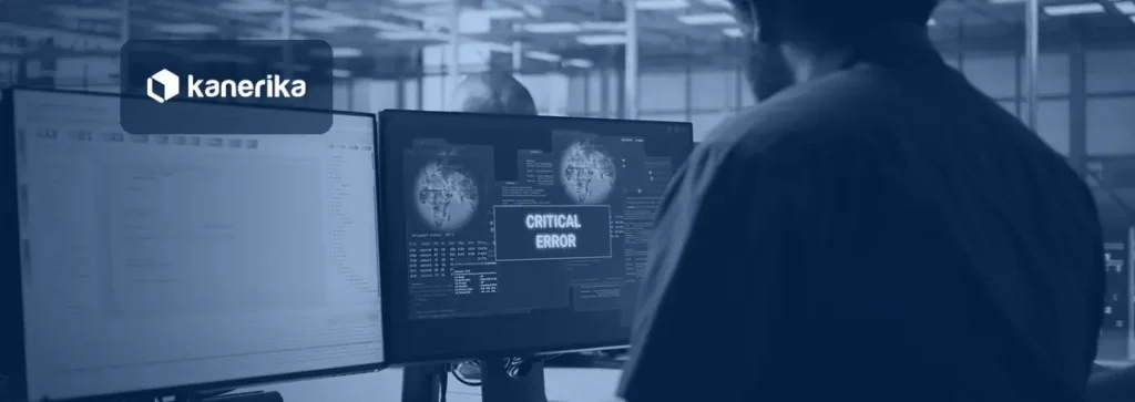 Security specialist at a screen showing a critical error alert, illustrating LLM red teaming and attack testing