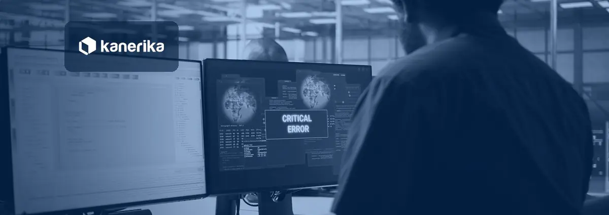 Security specialist at a screen showing a critical error alert, illustrating LLM red teaming and attack testing