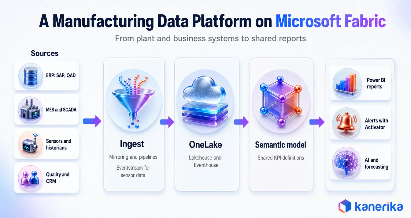 Kanerika infographic of a manufacturing data platform on Microsoft Fabric, from ERP and plant sources through ingest, OneLake and a semantic model to Power BI