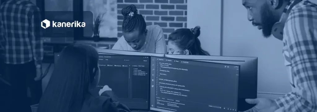 Developers reviewing open source AI agents code on multiple screens in a team office