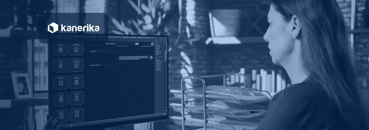 Employee typing a question into an AI chat assistant at a desk, illustrating a RAG application answering from company documents