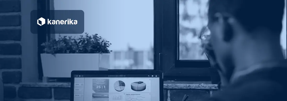 Analyst reviewing a Power BI dashboard on a laptop, banner for the Power BI text slicer and input slicer guide
