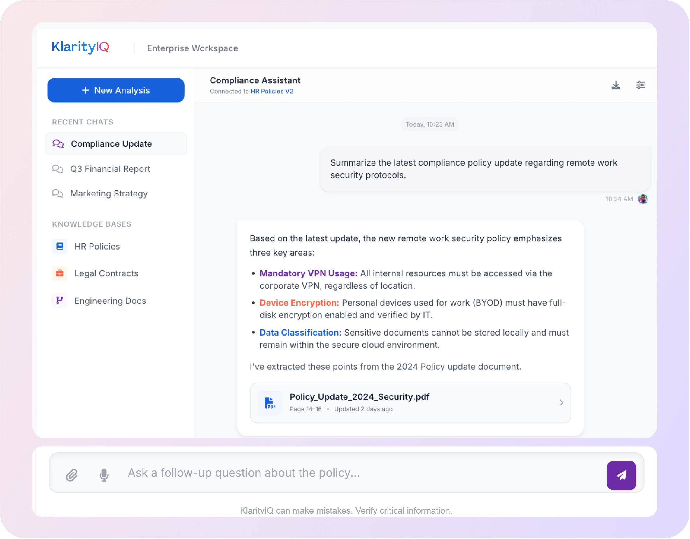 KlarityIQ interface showing a compliance assistant summarizing a policy update