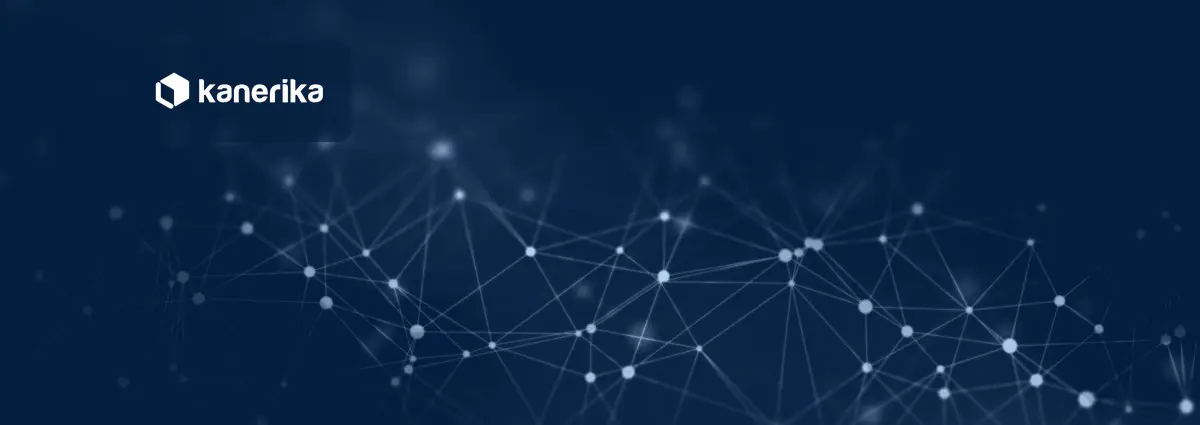 Kanerika blog banner for MCP and context-aware AI agents, an abstract network of connected glowing nodes on a deep navy background