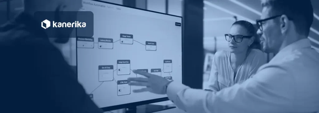 Kanerika banner for Power Apps vs Power Automate: a team of colleagues around a large monitor showing a workflow automation diagram while one points at a step