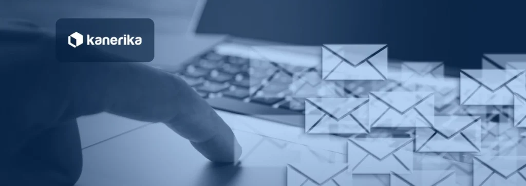 Hand on a laptop trackpad with envelope icons flowing out, representing Power Automate email workflow examples, shown in a navy blue tint with the Kanerika logo