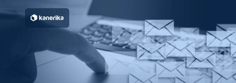 Hand on a laptop trackpad with envelope icons flowing out, representing Power Automate email workflow examples, shown in a navy blue tint with the Kanerika logo