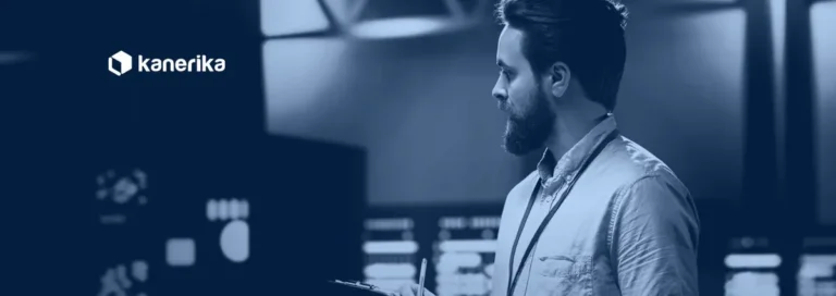 IT administrator reviewing equipment in an on-premises server room, banner for Power BI Report Server