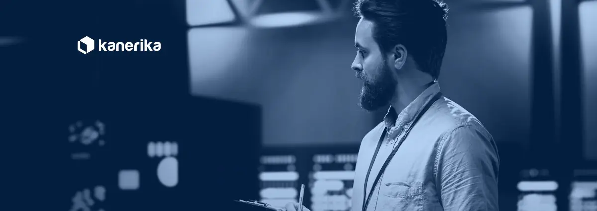 IT administrator reviewing equipment in an on-premises server room, banner for Power BI Report Server