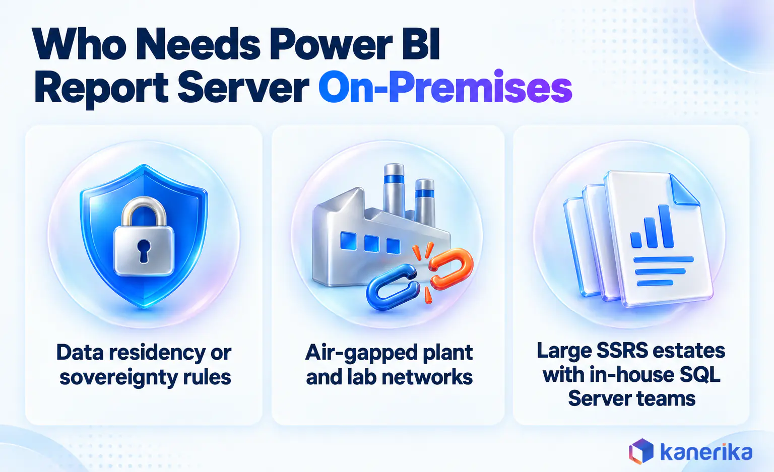 Kanerika infographic of three signs an organization needs Power BI Report Server, data residency rules, air-gapped networks and an existing SSRS estate