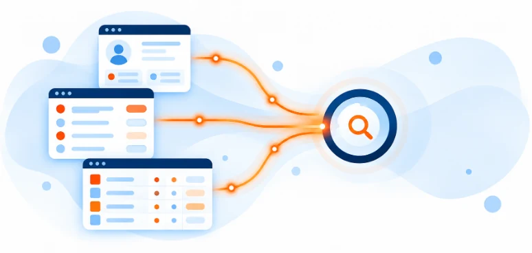 Illustration of CRM, service desk and ERP applications connected to a central RAG retrieval node