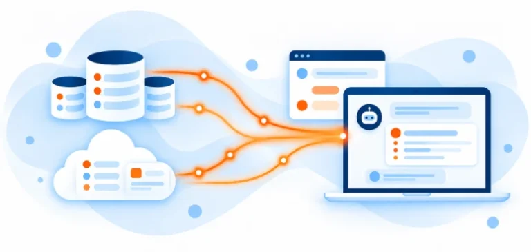 Illustration of databases and a cloud data platform feeding an AI assistant chat window on a laptop