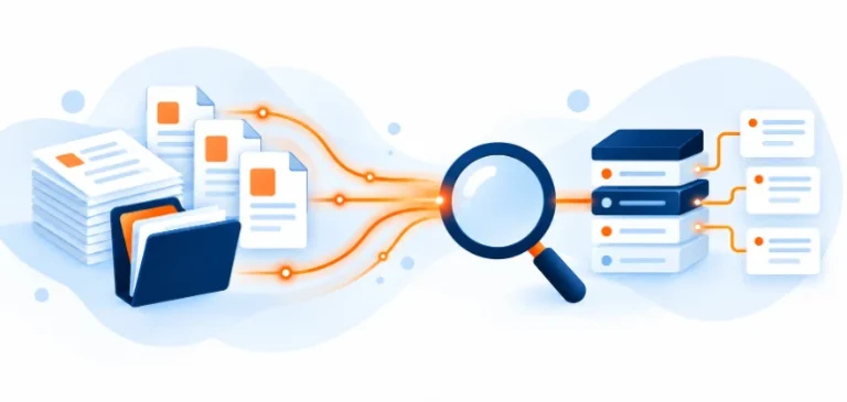 Illustration of documents, PDFs and a folder flowing through search into a RAG retrieval index