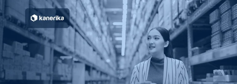 Retail store associate with a tablet checking stock in a long shelf aisle, representing retail business intelligence, shown in a navy blue tint with the Kanerika logo