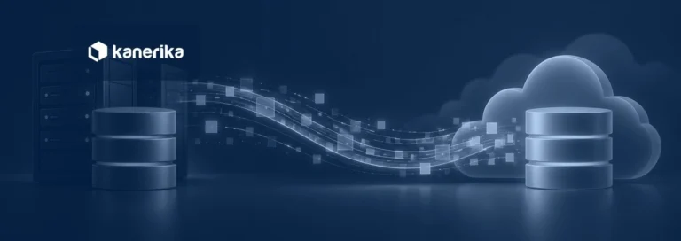 Data flowing from an on-premises database server to a cloud database, representing risks in data migration, shown in a navy blue tint with the Kanerika logo
