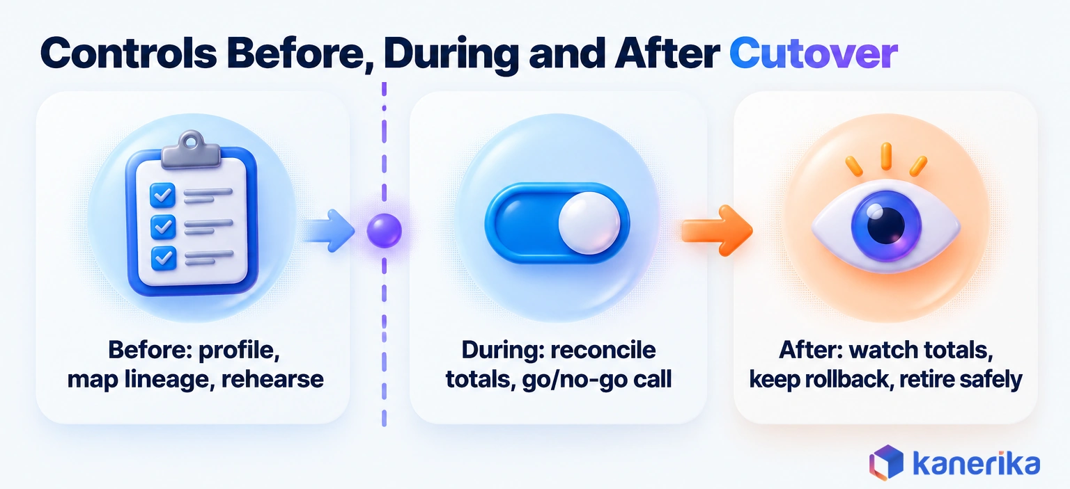 Kanerika infographic of data migration risk controls before, during and after cutover