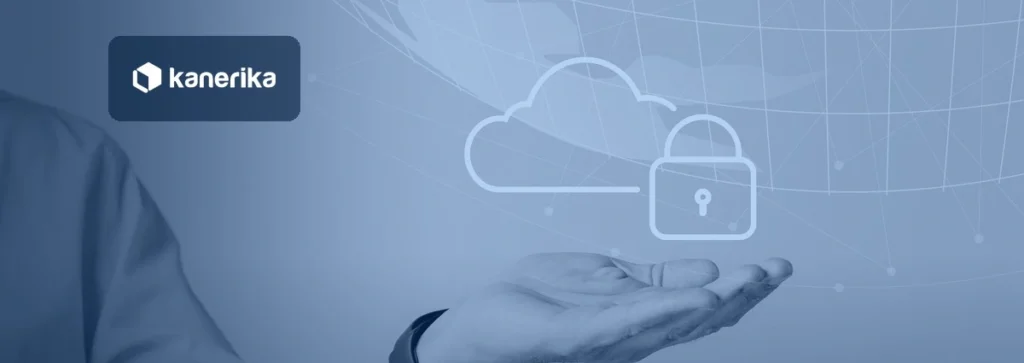 Hand holding a cloud with a padlock icon, representing Snowflake cloud data security, shown in a navy blue tint with the Kanerika logo