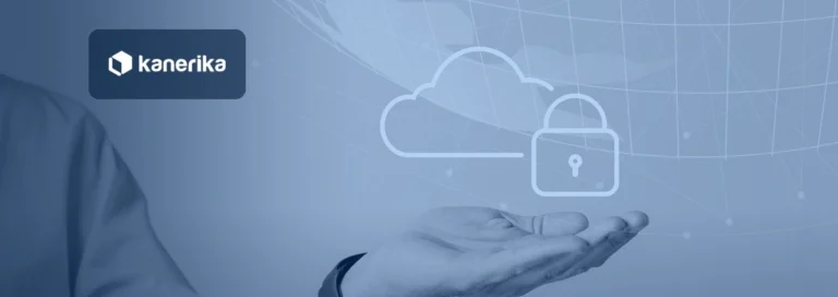 Hand holding a cloud with a padlock icon, representing Snowflake cloud data security, shown in a navy blue tint with the Kanerika logo