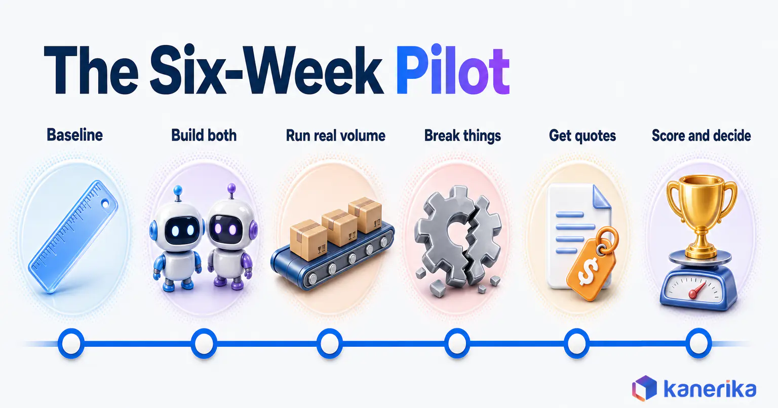 Kanerika infographic of the six-week RPA platform pilot, baseline, build both, run real volume, break things, get quotes, then score and decide